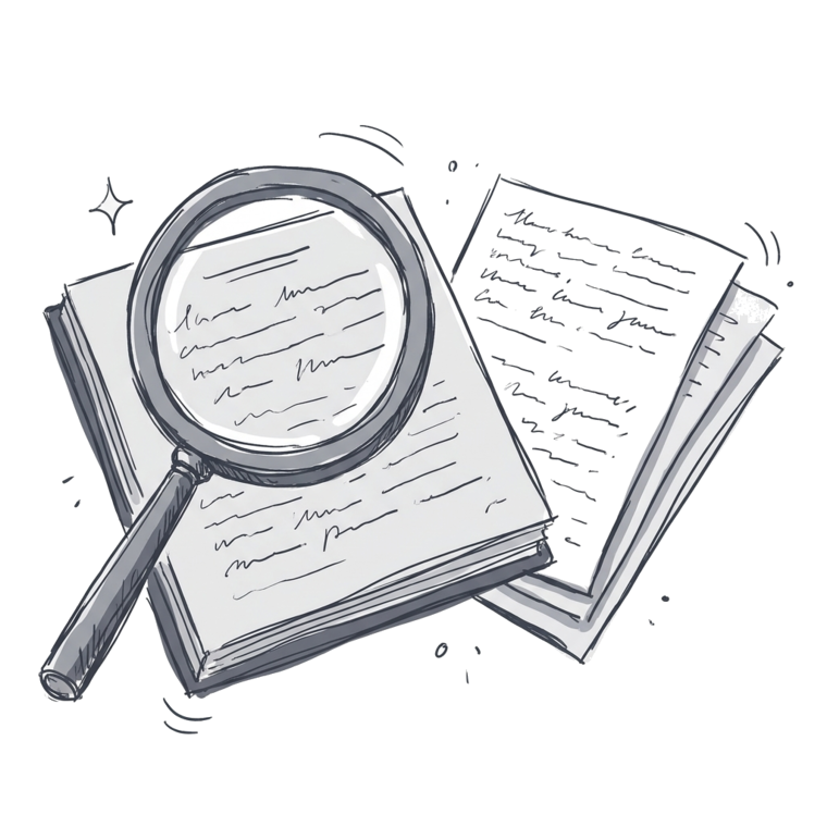 Ilustração à mão de uma lupa sobre um processo, com páginas ao lado