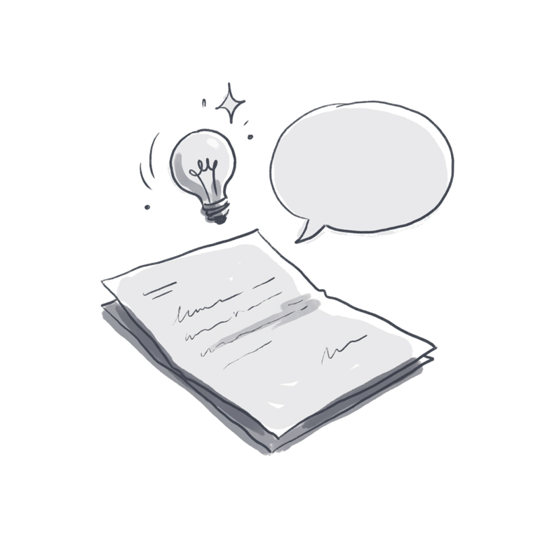 Ilustração à mão de um documento aberto com uma lâmpada e um balão de conversa