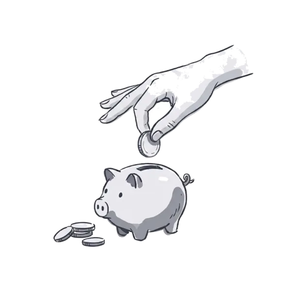 Ilustração à mão animada de uma mão soltando uma moeda que cai num cofrinho de porquinho